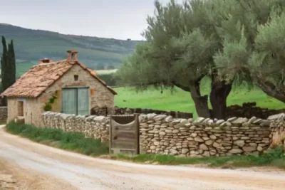 Una ladera de olivares con un caserío blanco rodeado por muros y jardines mediterráneos