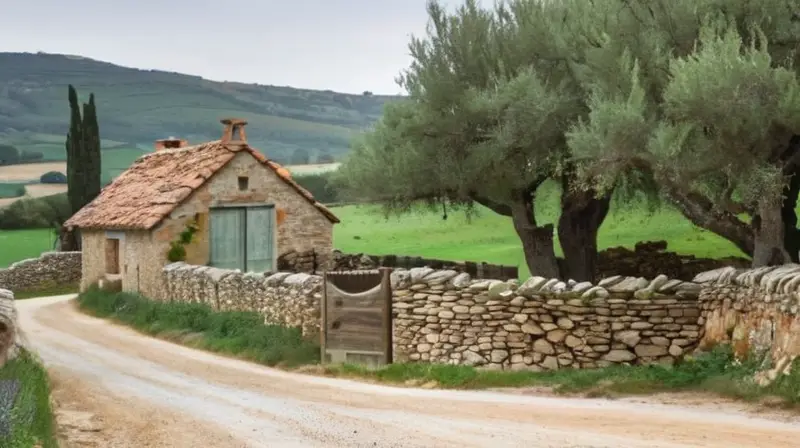 Una ladera de olivares con un caserío blanco rodeado por muros y jardines mediterráneos