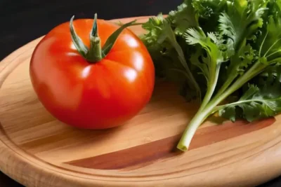 Un simple plato de lechuga fresca y tomate rojo relleno con queso blanco