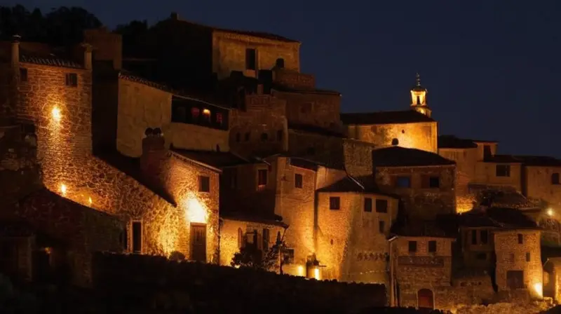 Una aldea rural de piedra en la Sierra de Aracena brilla con luz lunar mientras sus moradores disfrutan tranquilamente por las calles empedradas