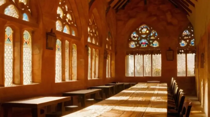 Un grupo de personas se sienta aredonde una mesa antigua rodeada de tejados y naturaleza rural