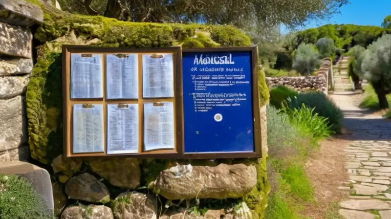 Un tablero gastado rodea un muro de piedra desgastada, bajo una estrecha calle empedrada sombreada por olivos antiguos