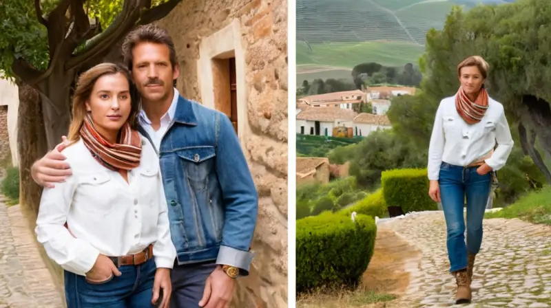 La pareja camina por las calles céntricas de Aracena, rodeada de casas blancas y árboles centenarios, con la campiña andaluza Extendiendo hacia el horizonte