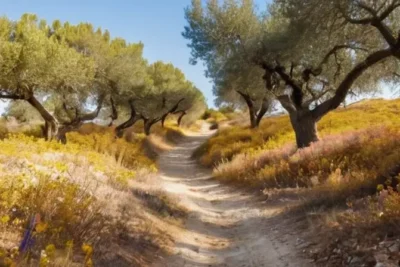 Un sendero rústico se extiende por una densa selva de olivos en Andalucía