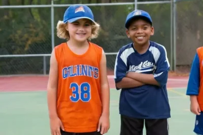 Los niños están vestidos con ropa deportiva de equipo desgastada parados en una cancha de baloncesto antigua rodeados por cercas y árboles esqueléticos