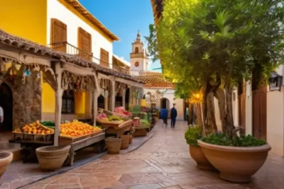 La imagen muestra un encantador pueblo andaluz con calles empedradas