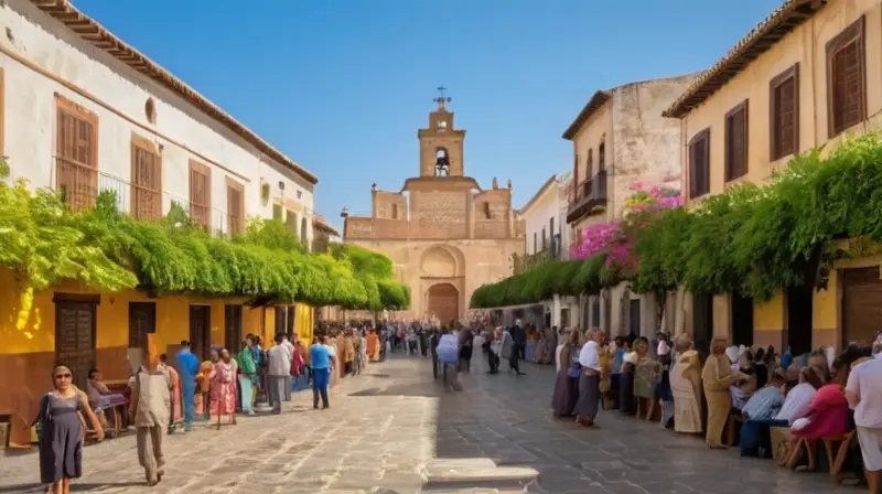 La escena muestra plazas animadas con gente y edificios andaluces tradicionales rodeados de naturaleza florida bajo el sol