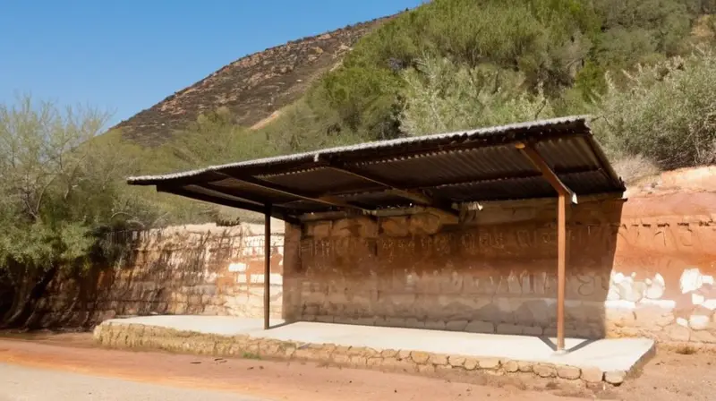Un antiguo poste de señalización de madera se encuentra junto a una pared de piedra, semioculto por la vegetación, con texto deteriorado que indica los horarios de salida