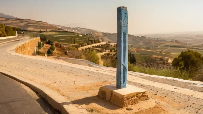 Un poste amarillecido señala en un paisaje rural andaluz, flanqueado por arquitectura de piedra de color dorado