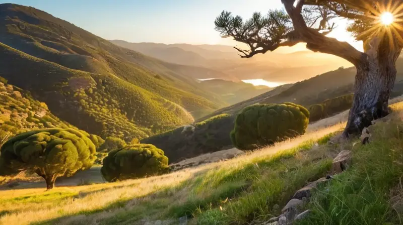 La imagen muestra un paisaje montañoso tranquilo de Aracena con árboles y paredes de piedra bajo la luz del sol