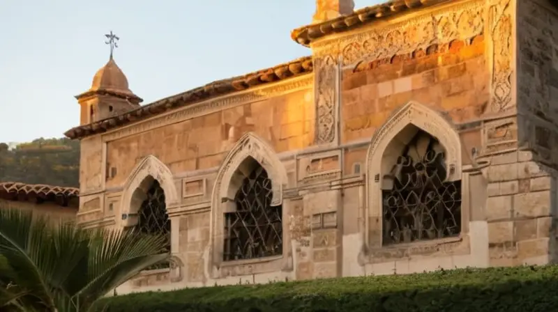 Un edificio de piedra en estilo español está iluminado por el crepúsculo con matices dorados y sombras suaves