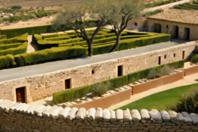 Un paisaje árido con olivos se funde suavemente con una aldea moderna rodeada de muros circulares y construcciones rústicas que contrastan con las estructuras más jóvenes y modernas en la distancia