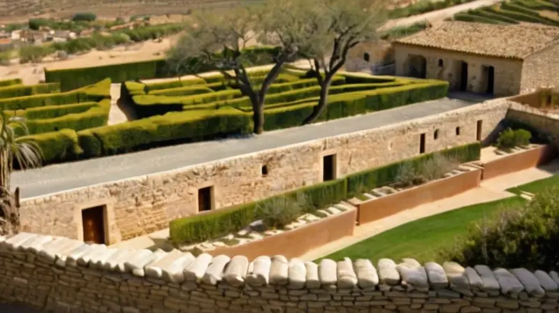 Un paisaje árido con olivos se funde suavemente con una aldea moderna rodeada de muros circulares y construcciones rústicas que contrastan con las estructuras más jóvenes y modernas en la distancia