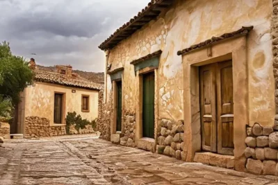 Un pueblo rural decrépito con arquitectura antigua y características naturales como árboles de olivo centenarios están rodeados por una atmósfera mágica y melancólica