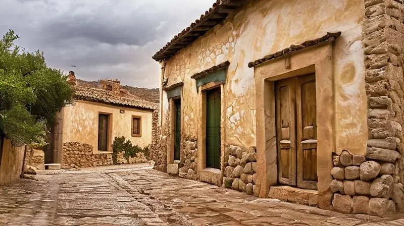 Un pueblo rural decrépito con arquitectura antigua y características naturales como árboles de olivo centenarios están rodeados por una atmósfera mágica y melancólica