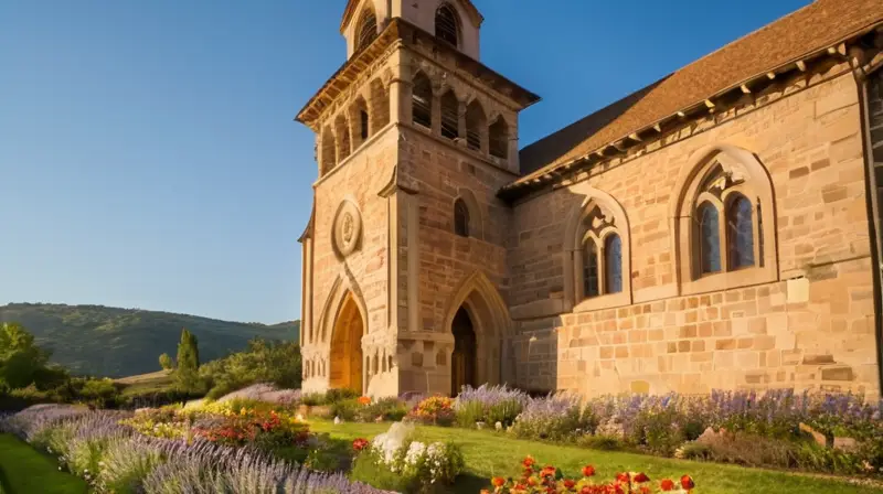 La antigua iglesia románica destaca con sus muros de beige y detalles arquitectónicos impresionantes rodeada por un jardín verde lleno de flores silvestres