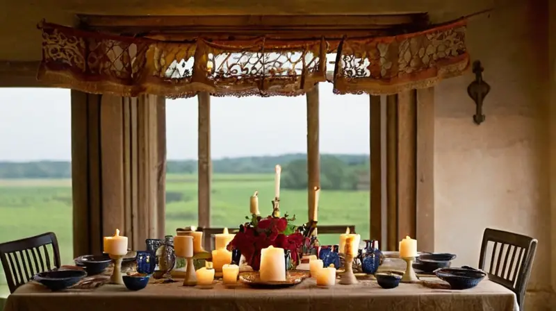 La escena describe un ambiente acogedor y antiguo decorado con detalles preciosos y texturas ricas, como una mesa de piedra, velas, porcelana, tapices y ropa de mesa desgastada