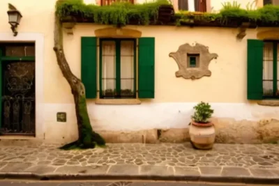 La calle tiene calles adoquinadas y edificios con azulejos