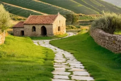 Un camino de piedras blancas serpentea por un paisaje verde y florido hasta llegar a edificios ruinosos rodeados por olivos