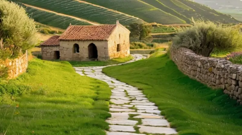 Un camino de piedras blancas serpentea por un paisaje verde y florido hasta llegar a edificios ruinosos rodeados por olivos