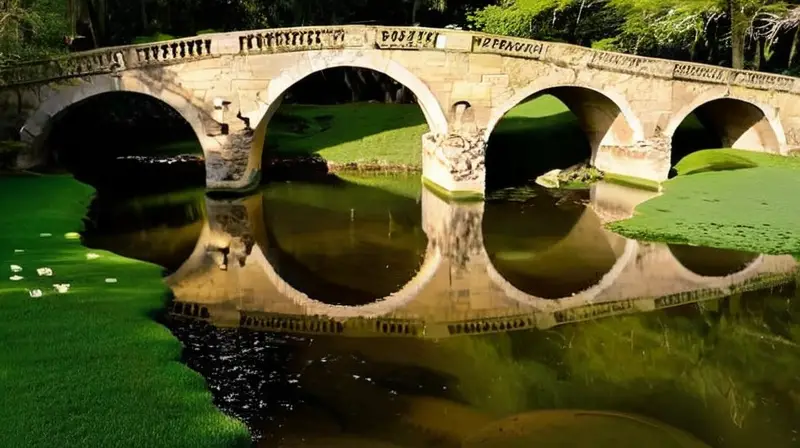 Un puente romano con arcos de piedra cruzaba un rio en calma bajo un cielo soleado y rodeado de árboles centenarios