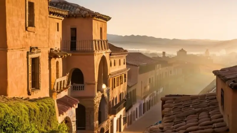 Un amanecer en un pueblo histórico envuelto en niebla, donde la luz del día revela la arquitectura única y encantadora