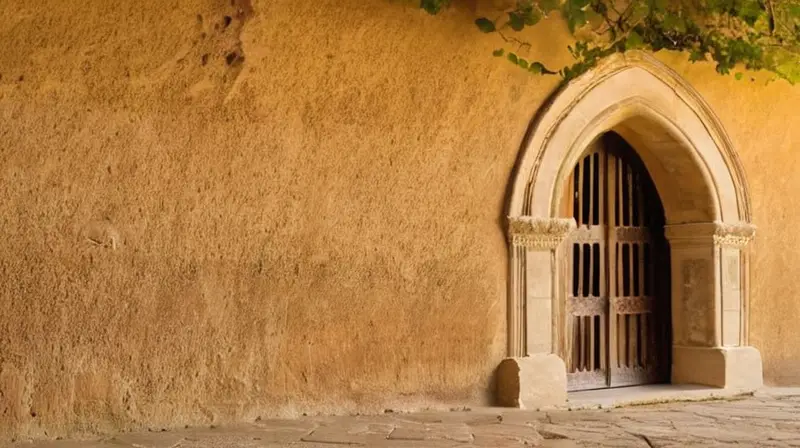 Una vieja muralla labrada y un arco de entrada se elevan en una ladera suave, iluminados por la luz cálida del atardecer