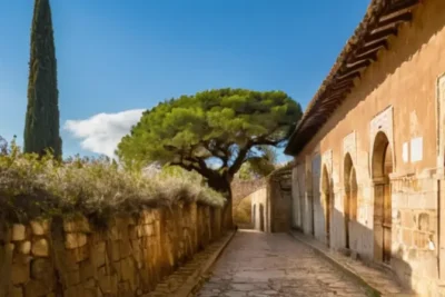 El castillo de Aracena presenta muros blancos weatherizados rodeados por un paisaje idílico con árboles y nubes suaves