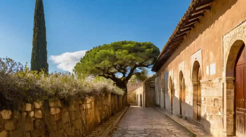 El castillo de Aracena presenta muros blancos weatherizados rodeados por un paisaje idílico con árboles y nubes suaves