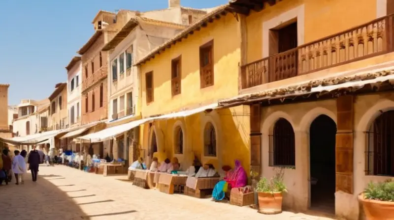 Una calle histórica andaluza presenta viejas casas, un mercado animado y una iglesia con tejado gótico en un paisaje de colores pastel