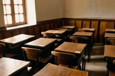 Una clase en un aula tradicional de Andalucía con alumnos concentrados y el profesor usando una tableta