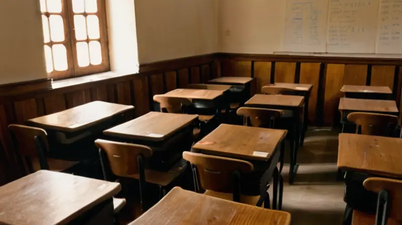 Una clase en un aula tradicional de Andalucía con alumnos concentrados y el profesor usando una tableta