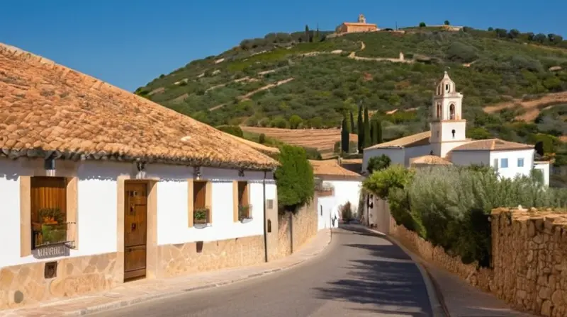 Una carretera rural serpentea hacia una aldea llamada Aracena rodeada de colinas terracota y arbustos de olivos