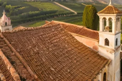 La vista aérea de Aracena muestra una hermosa aldea medieval cubierta de niebla con un entorno natural de olivar y viñedos en la distancia