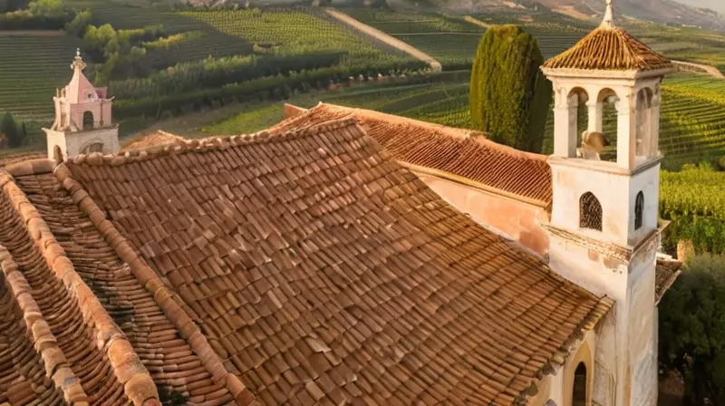 La vista aérea de Aracena muestra una hermosa aldea medieval cubierta de niebla con un entorno natural de olivar y viñedos en la distancia