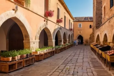 Una imagen de mercado en una plaza con arquitectura medieval