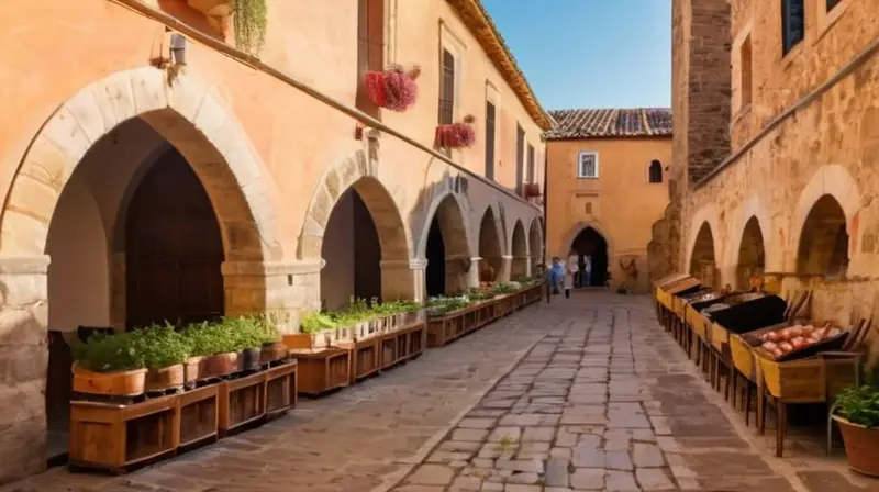 Una imagen de mercado en una plaza con arquitectura medieval