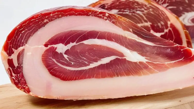 El jamón ibérico exhibe una piel suave y tersa con un ligero despliegue de grasa blanca insertada en ella