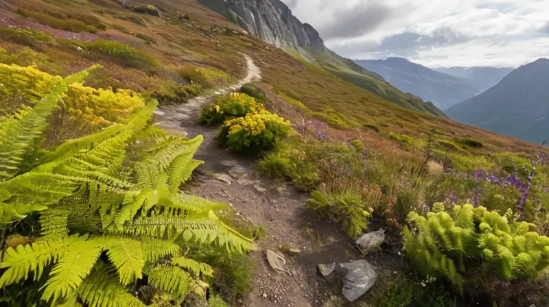 Un camino empedrado que desciende bruscamente por una valle neblinosa rodeada de bloques graníticos y cubierta por una alfombra verde de helechos y flores silvestres