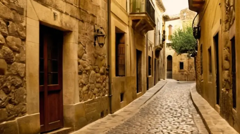 Una foto de una calle empedrada española muestra residentes caminando tranquilos bajo el sol creciente