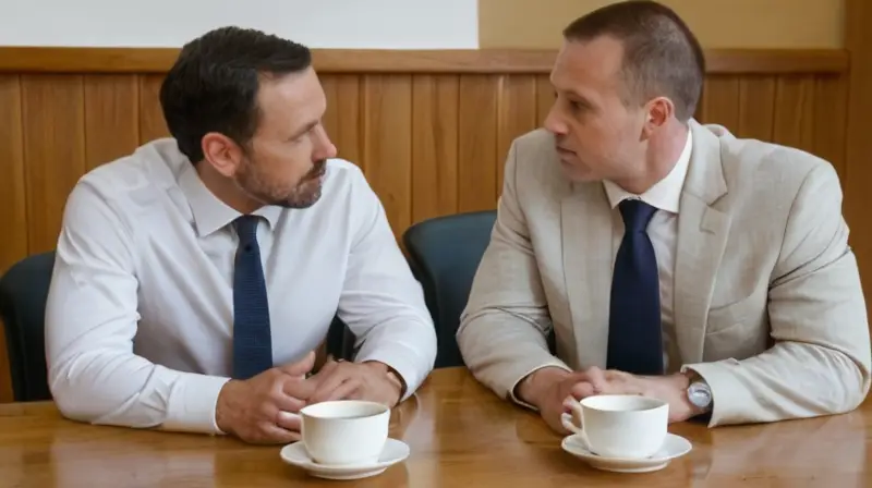 La escena describe un cuarto de reuniones con dos hombres sentados en una mesa a discutir algo