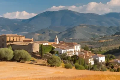 El pueblo de Aracena se sitúa en una zona montañosa rodeada de suculentas olivas y rocas erosionadas con un paisaje ondulado