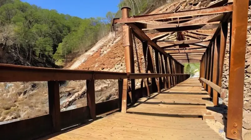 Un pozo de mina antiguo y abandonado está en ruinas, con una puente de madera y paredes de granito erosionadas