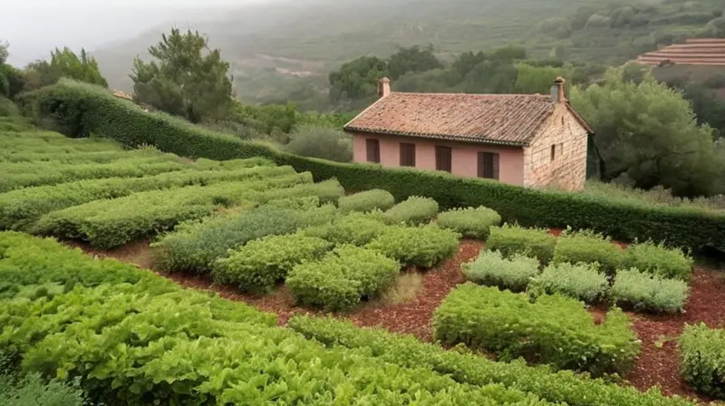 Un pueblo antiguo se encuentra rodeado de colinas con un paisaje misterioso y soleado a la hora del amanecer