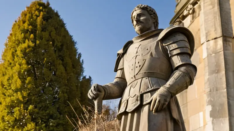 La estatua de piedra del caballero medieval parpadea con luz solar matinal, destacando detalles retejados en su patina desgastada