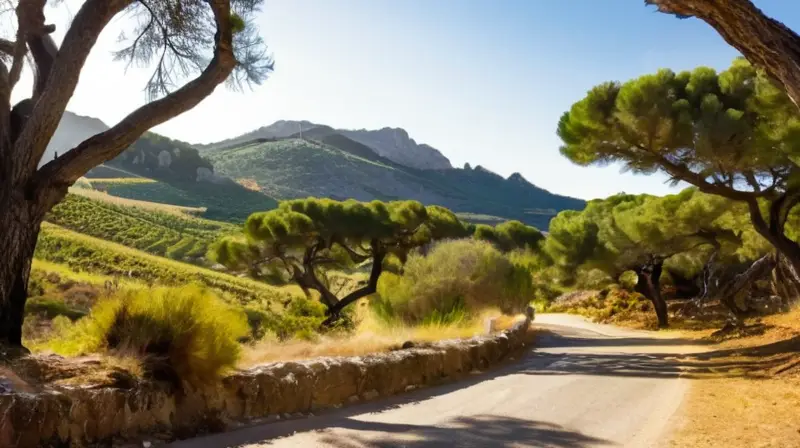 Un paisaje idílico del campo español con colinas y montañas bajo un sol cálido que arroja sombras suaves en un entorno natural pintoresco
