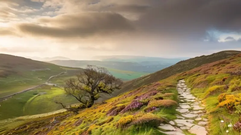 El paisaje montañoso se caracteriza por un terreno accidentado, senderos de tierra, árboles retorcidos y cascadas que crean una escena salvaje y pintoresca