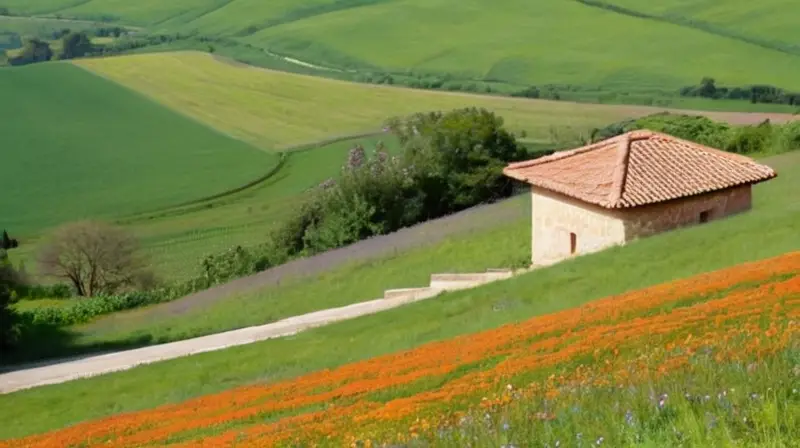 En la cima de una colina hay un edificio concreto desgastado rodeado por hierbas y flores silvestres