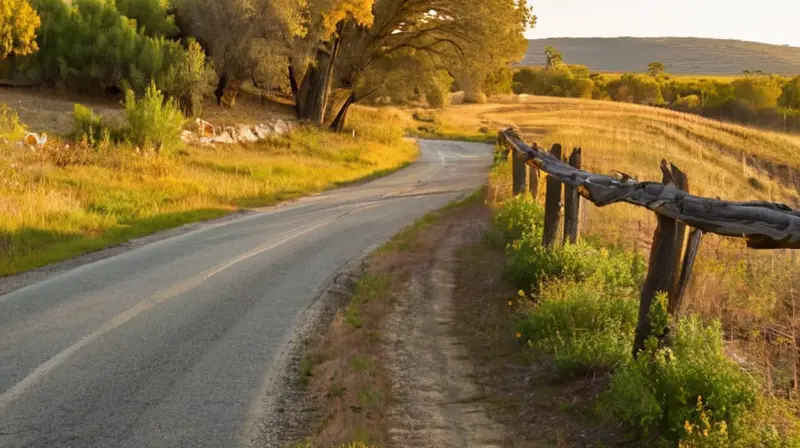 La escena muestra un camino de asfalto desgastado que se curva y se fusiona con una distancia que se desliza hacia la vegetación, rodeada por edificios antiguos y árboles deformes
