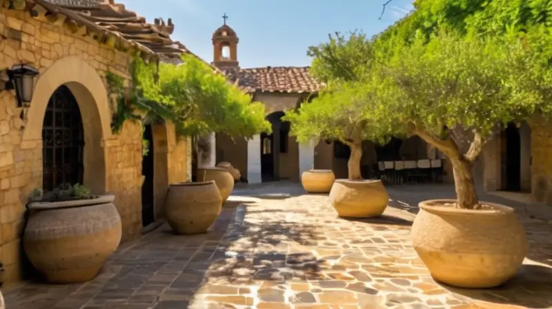 Un encantador pueblo costero está rodeado de paredes de piedra y cuenta con una plaza central sombreada por olivos centenarios